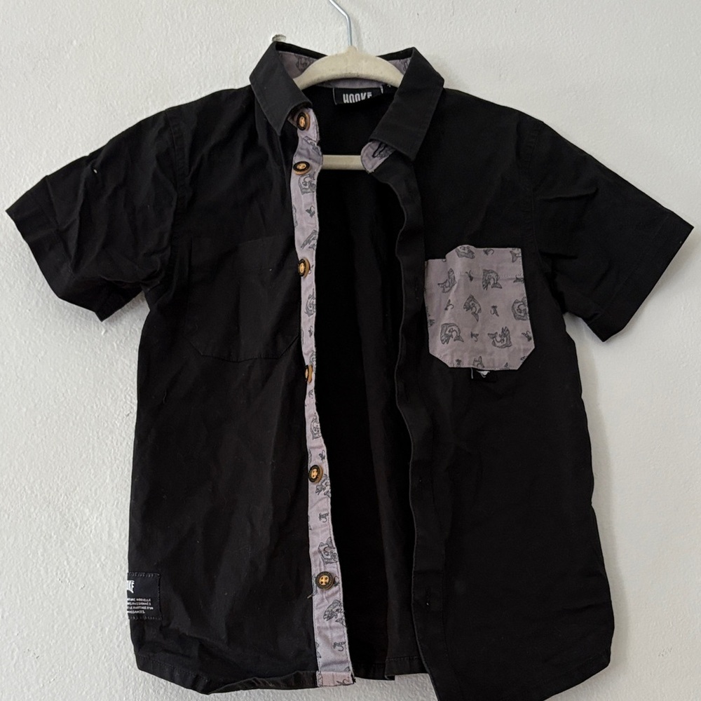 Black Short Sleeve Shirt with Patterned Accents